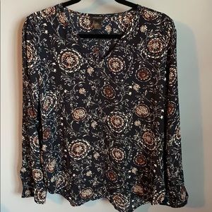 Ann Taylor Navy Blue Floral Long Sleeve Blouse szM